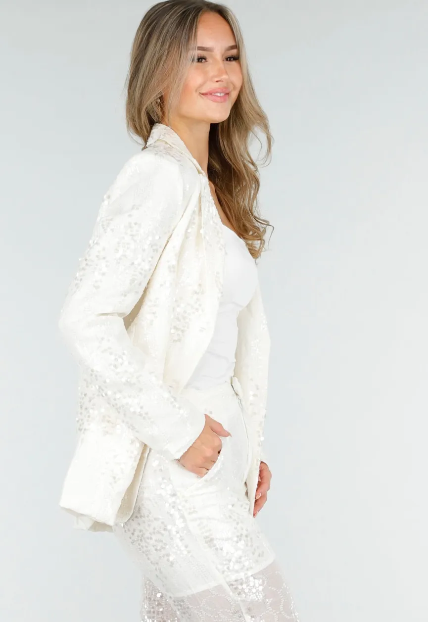 Witte Pailletten Set met Blazer en Rechte Broek