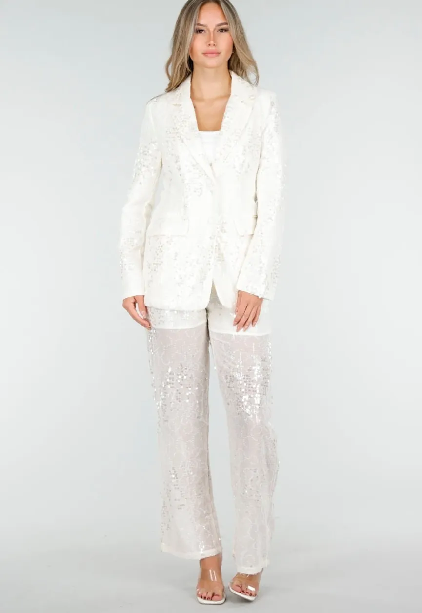 Witte Pailletten Set met Blazer en Rechte Broek