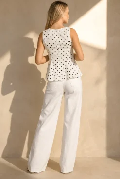Witte Peplum Top met Zwarte Stippen en Ronde Hals