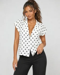Witte Polkadot Blazer Top met Schoudervulling