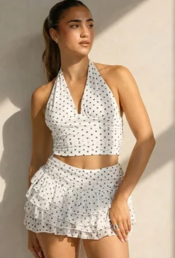 Witte Polkadot Halter Top en Ruffle Skort Set