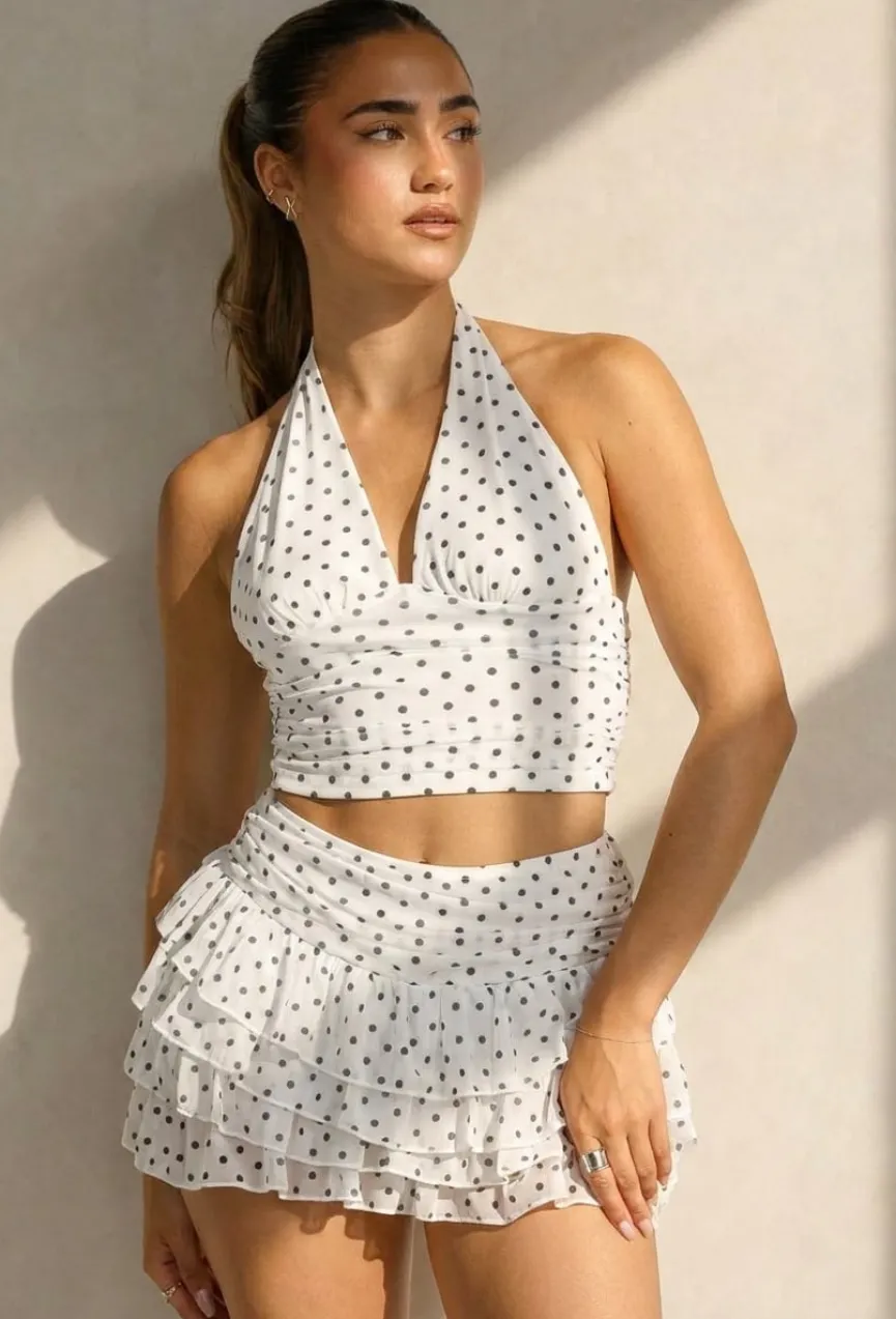 Witte Polkadot Halter Top en Ruffle Skort Set