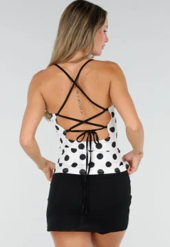 Witte Polkadot Top met Open Rug en Striksluiting