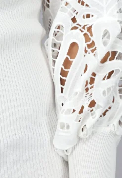Witte Rib overslag Jurk met Gehaakte Mouwen en Stretch