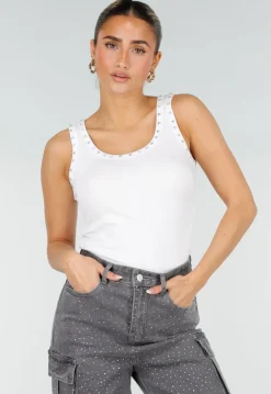 Witte Rib Tank Top met Glitters en Aansluitende Pasvorm