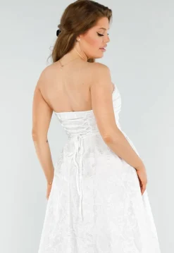 Witte Strapless Midi Jurk met Jacquardlook en Vetersluiting