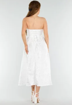 Witte Strapless Midi Jurk met Jacquardlook en Vetersluiting