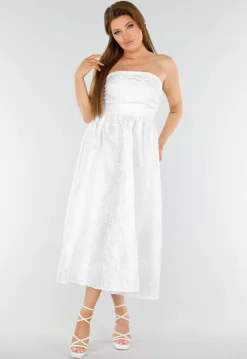 Witte Strapless Midi Jurk met Jacquardlook en Vetersluiting