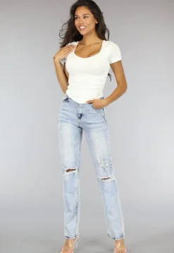 Witte Stretch Crop Top met Ronde Hals