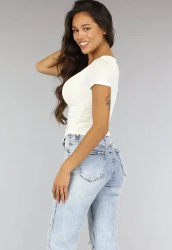 Witte Stretch Crop Top met Ronde Hals