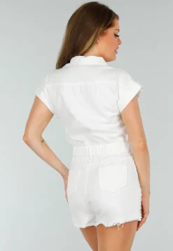 Witte Stretch Denim Playsuit met Korte Mouwen en Steekzakken