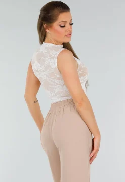 Witte Stretch Kanten Body met Opstaande Halslijn en Beige Voering