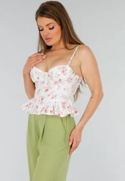 Witte Stretch Korset Top met Vetersluiting, beugels en Bloemenprint