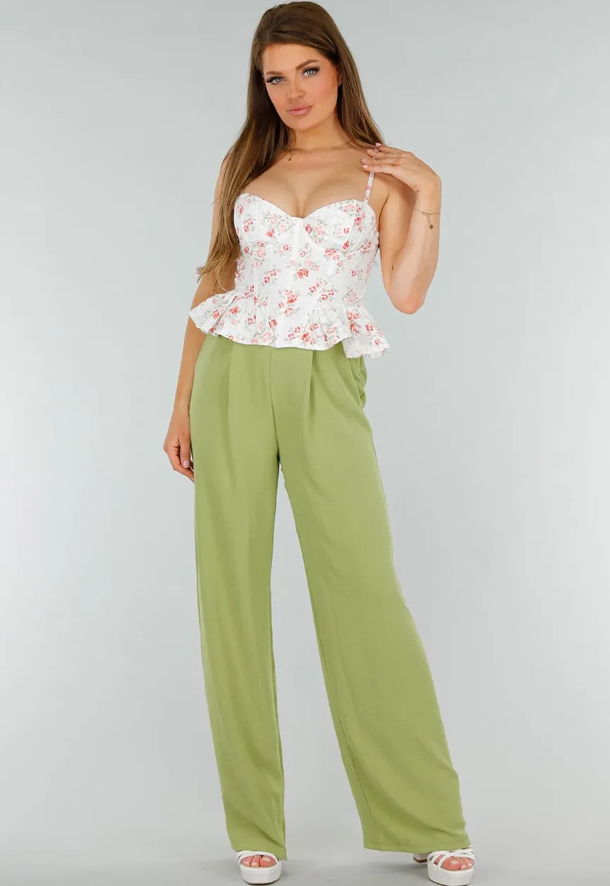 Witte Stretch Korset Top met Vetersluiting, beugels en Bloemenprint