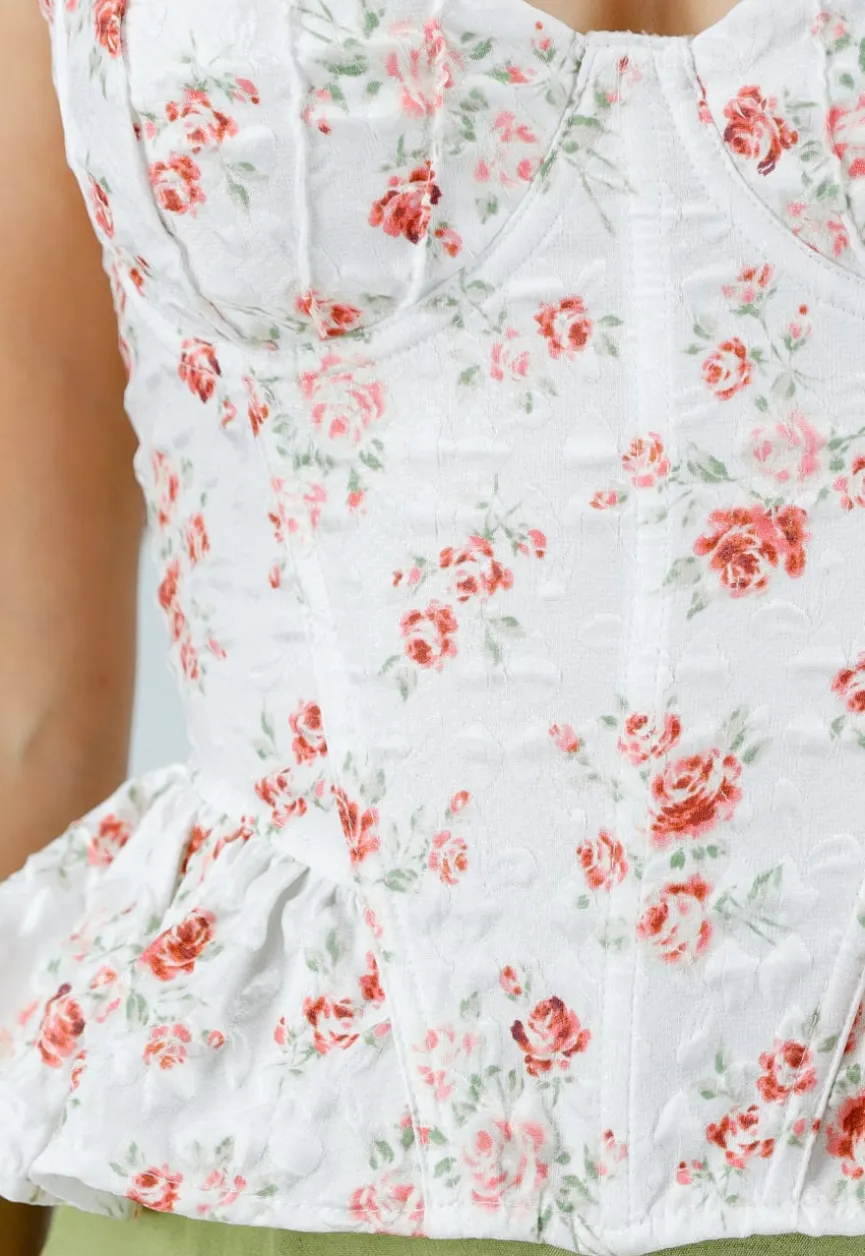 Witte Stretch Korset Top met Vetersluiting, beugels en Bloemenprint