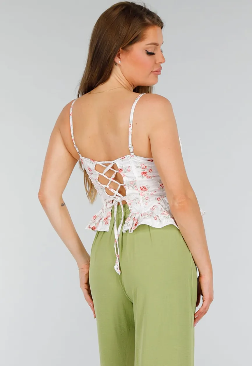 Witte Stretch Korset Top met Vetersluiting, beugels en Bloemenprint