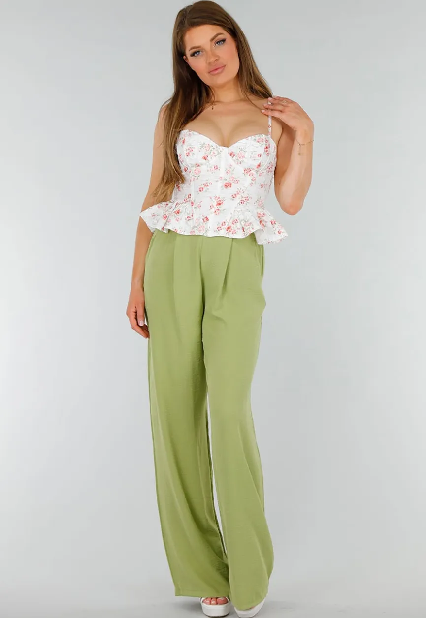 Witte Stretch Korset Top met Vetersluiting, beugels en Bloemenprint