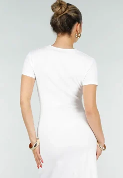 Witte Stretch Midi Jurk met Gouden Taille Detail