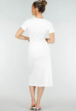 Witte Stretch Midi Jurk met Gouden Taille Detail