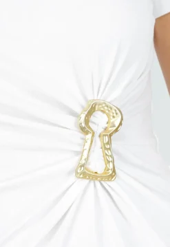 Witte Stretch Midi Jurk met Gouden Taille Detail