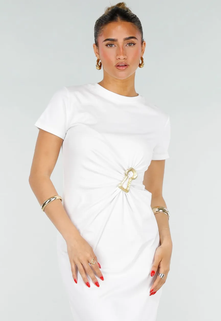 Witte Stretch Midi Jurk met Gouden Taille Detail