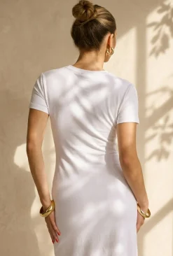 Witte Stretch Midi Jurk met Gouden Taille Detail