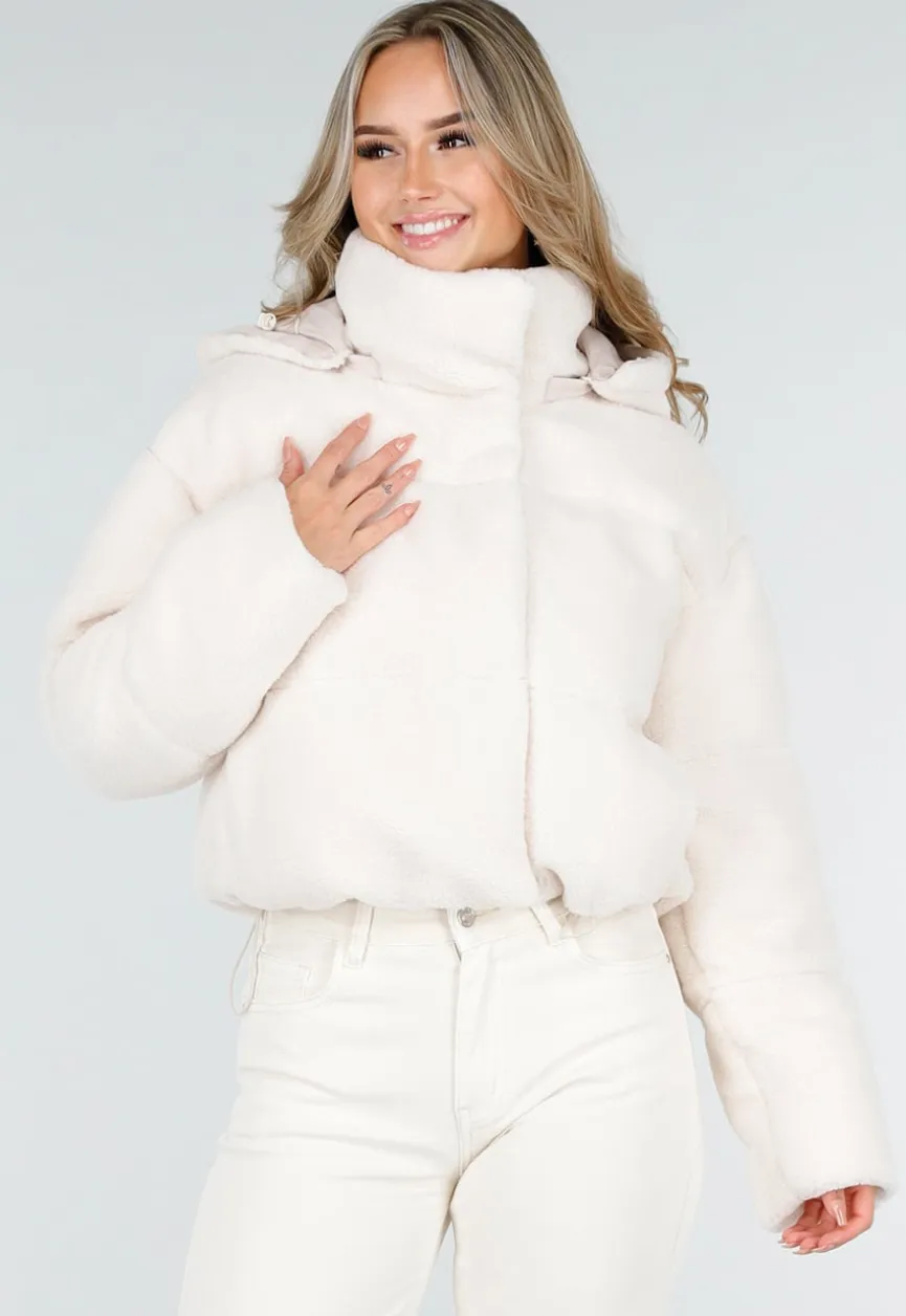 Witte Teddy Pufferjas met Capuchon en Hoge Kraag