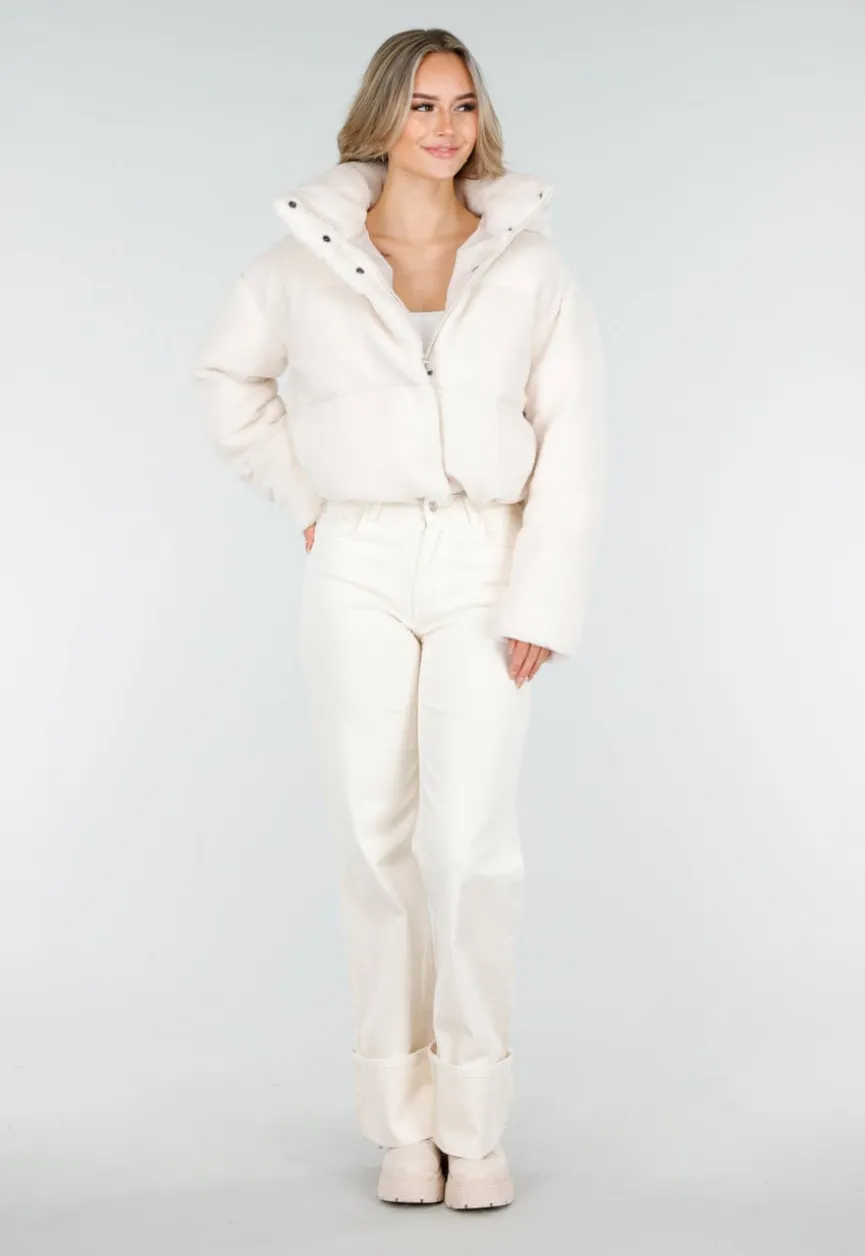 Witte Teddy Pufferjas met Capuchon en Hoge Kraag