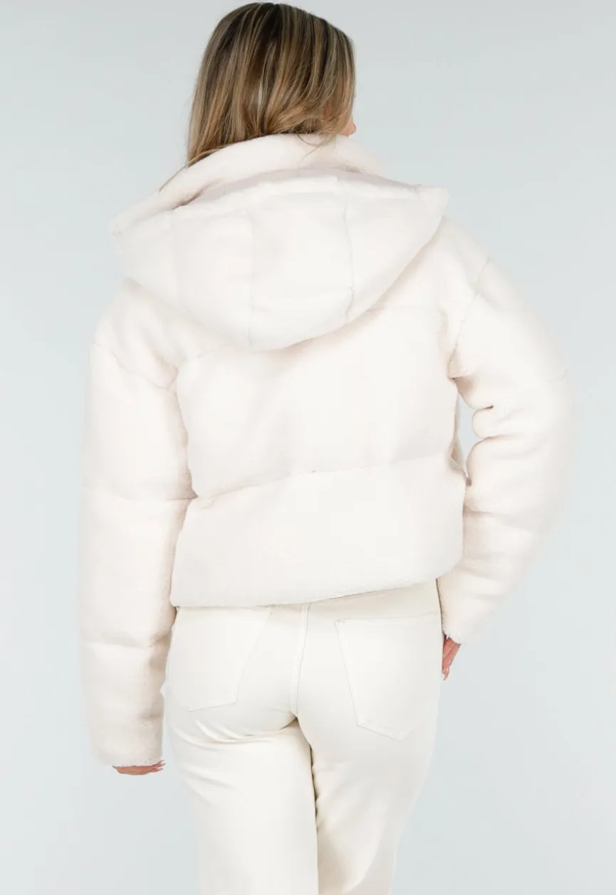 Witte Teddy Pufferjas met Capuchon en Hoge Kraag