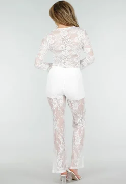 Witte Top met Kant en Lange Mouwen en Vierkante Hals