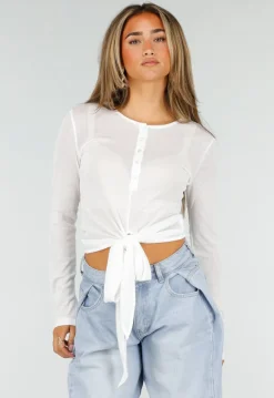 Witte Top met Knoopsluiting, Strik en Lange Mouwen