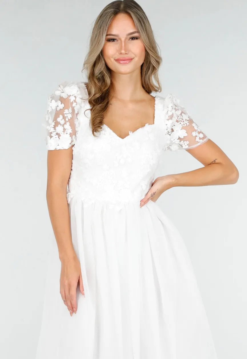 Witte Trouwjurk met Kanten Bloemen en Tule Rok