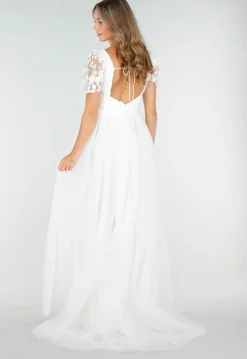 Witte Trouwjurk met Kanten Bloemen en Tule Rok