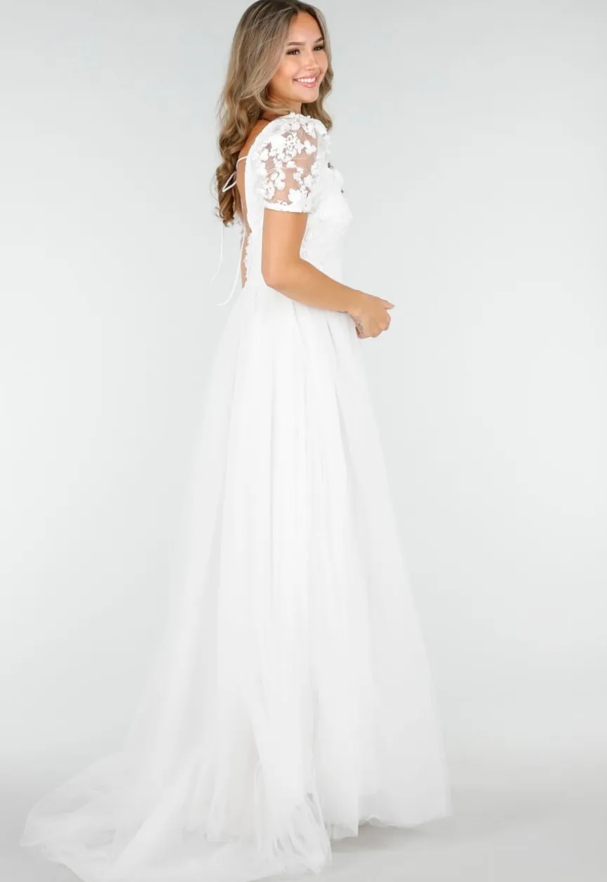 Witte Trouwjurk met Kanten Bloemen en Tule Rok