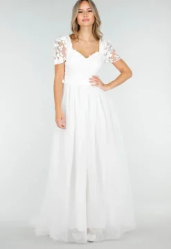 Witte Trouwjurk met Kanten Bloemen en Tule Rok