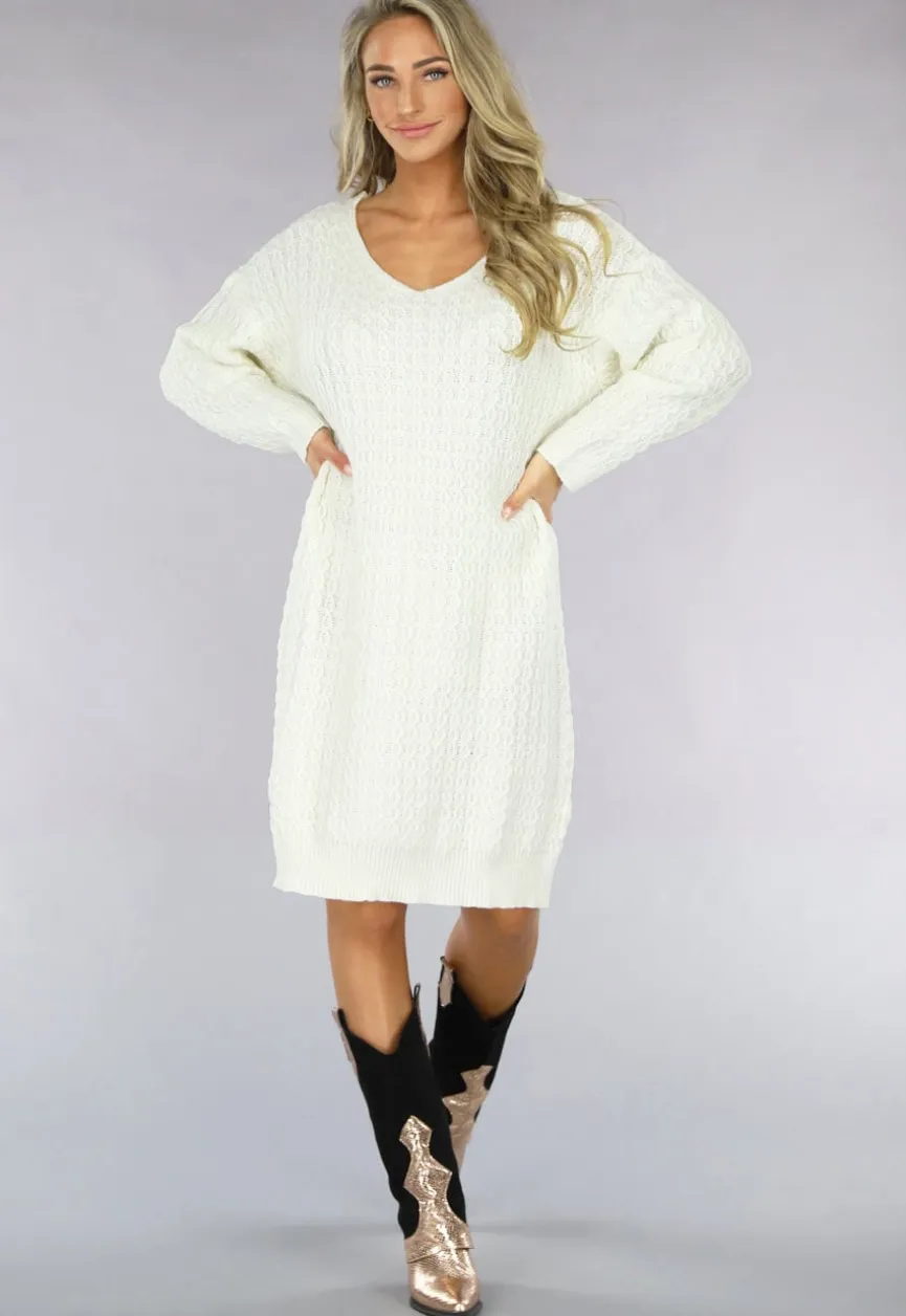 Witte Trui Jurk met V Hals