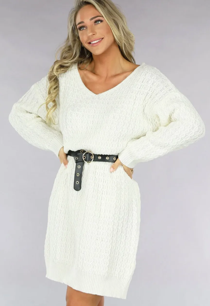 Witte Trui Jurk met V Hals