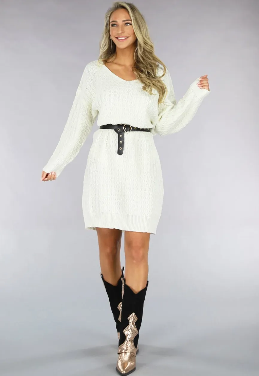 Witte Trui Jurk met V Hals
