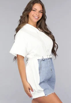 Witte T Shirt Jurk met Denim Rok Ontwerp