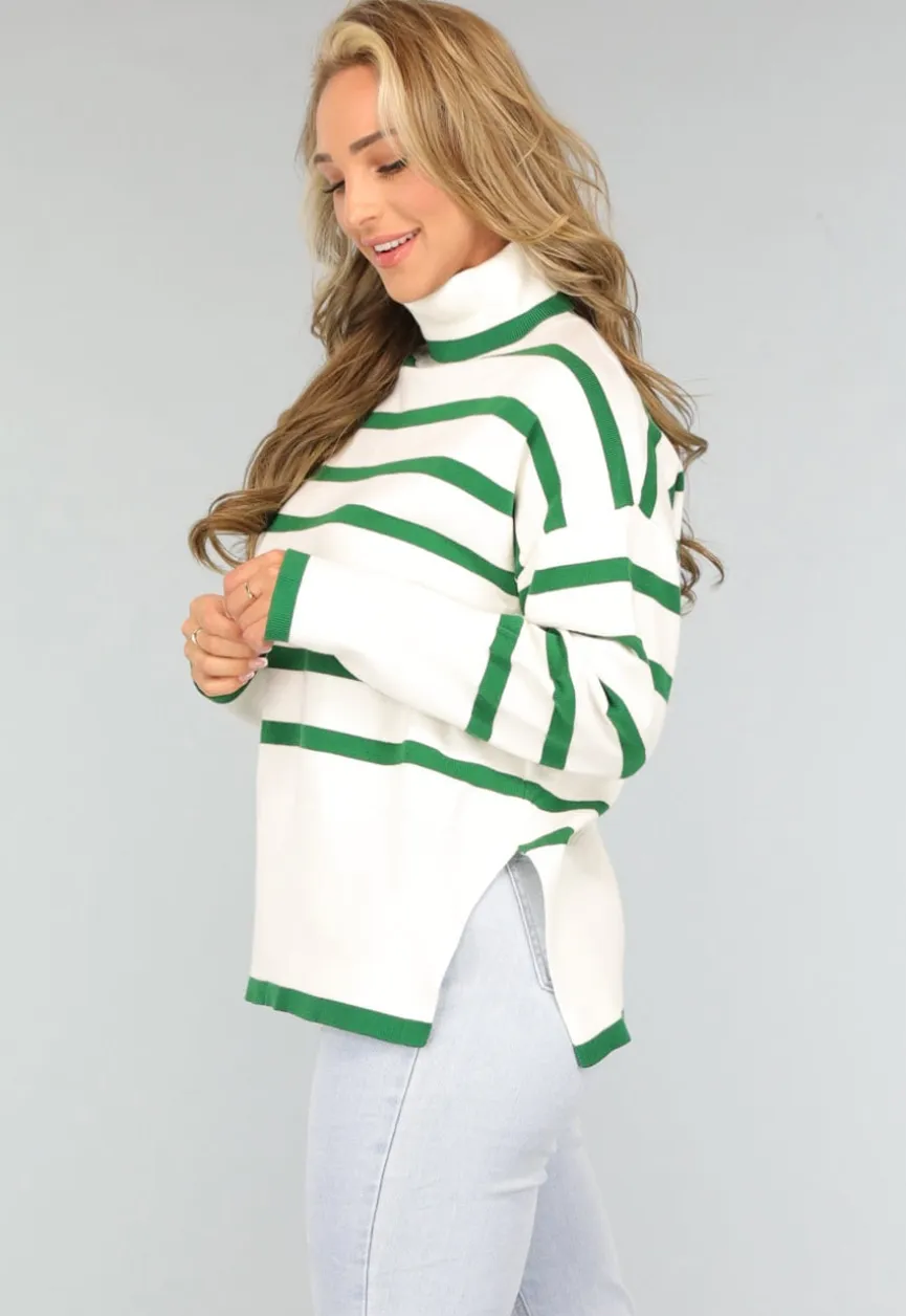 Witte Turtleneck met Groene Strepen