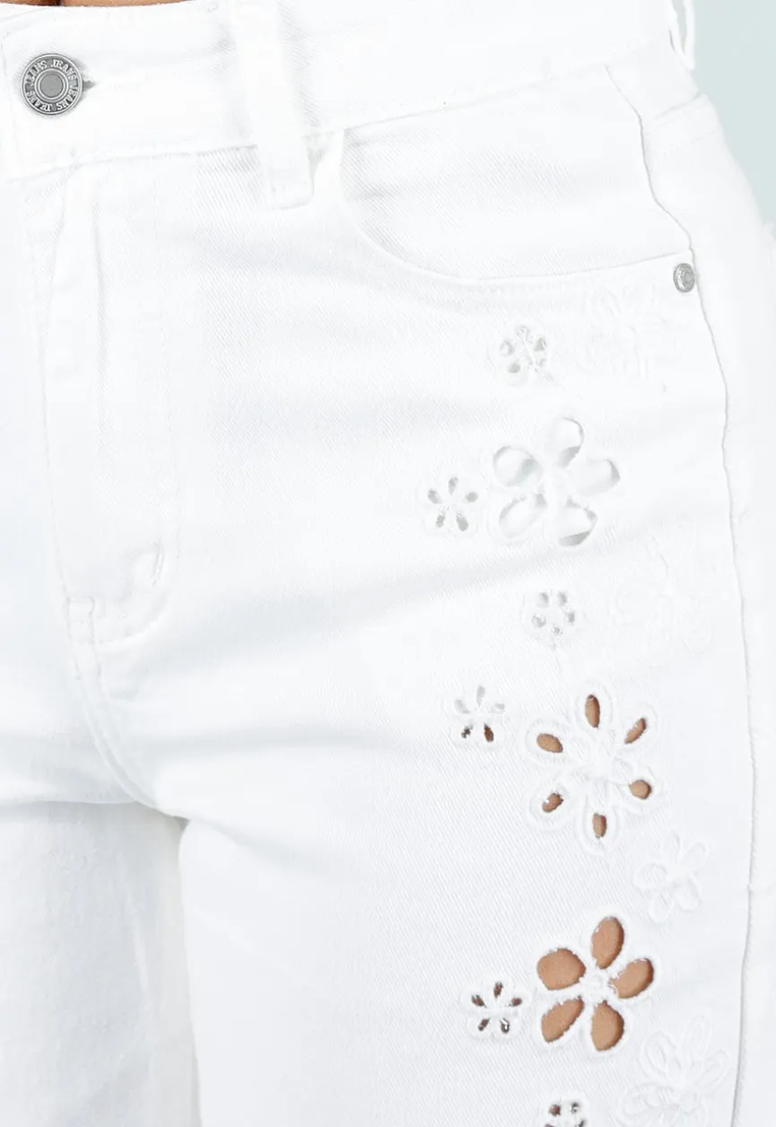 Witte Wide Leg Jeans met Broderie Anglaise en High Waist Pasvorm