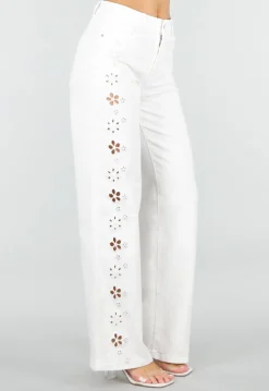 Witte Wide Leg Jeans met Broderie Anglaise en High Waist Pasvorm