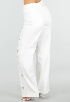 Witte Wide Leg Jeans met Broderie Anglaise en High Waist Pasvorm