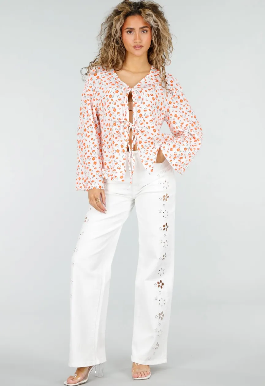Witte Wide Leg Jeans met Broderie Anglaise en High Waist Pasvorm