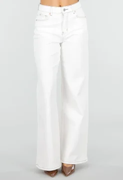 Witte Wide Leg Jeans met Bruine Stiksels en High Waist Pasvorm