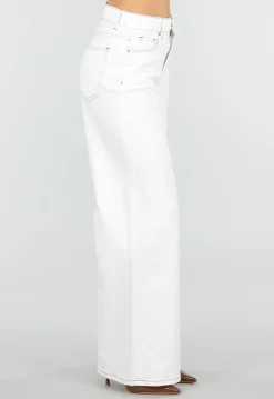 Witte Wide Leg Jeans met Bruine Stiksels en High Waist Pasvorm