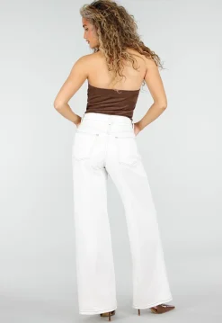 Witte Wide Leg Jeans met Bruine Stiksels en High Waist Pasvorm