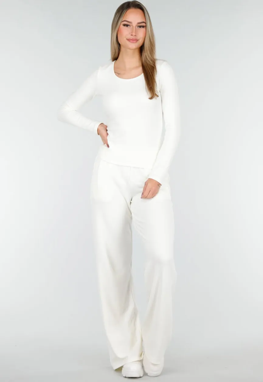 Witte Zachte Stretch Top met Ronde Hals en Lange Mouwen