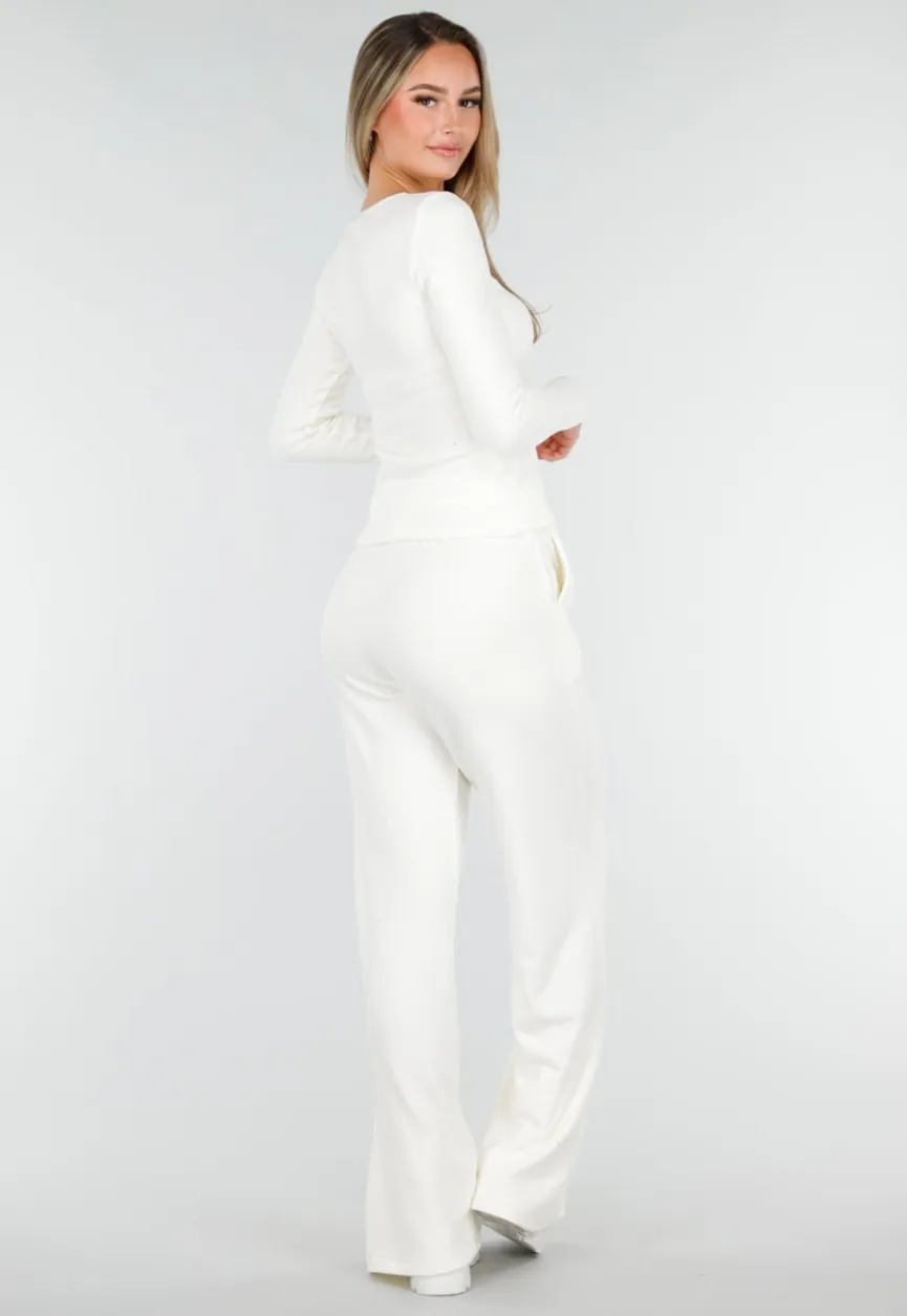 Witte Zachte Stretch Top met Ronde Hals en Lange Mouwen
