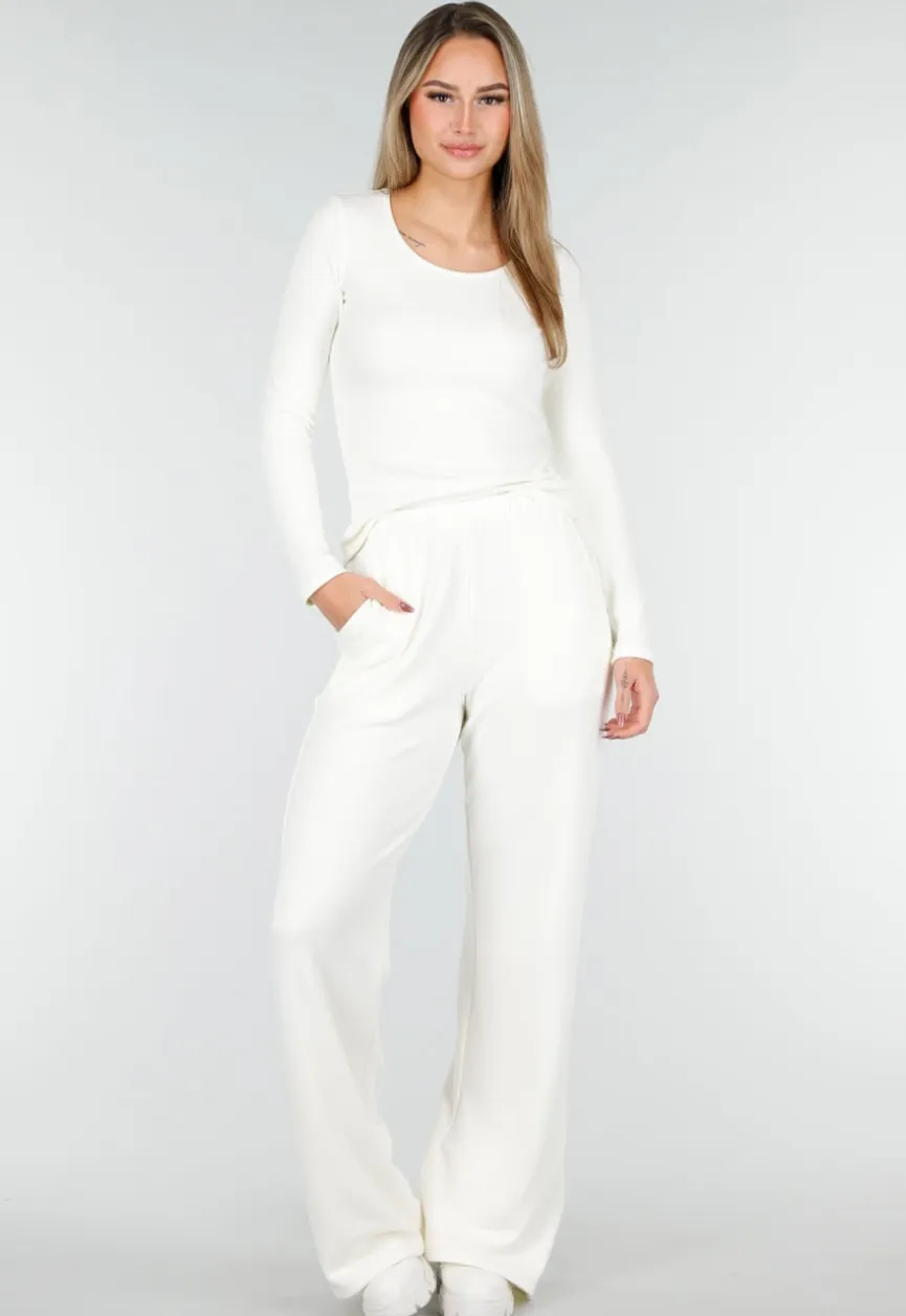 Witte Zachte Stretch Top met Ronde Hals en Lange Mouwen